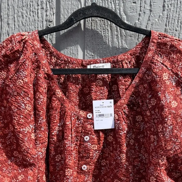 NWT Madewell Puff Short Sleeve V neck  Red Floral Top Size: L - Picture 6 of 9